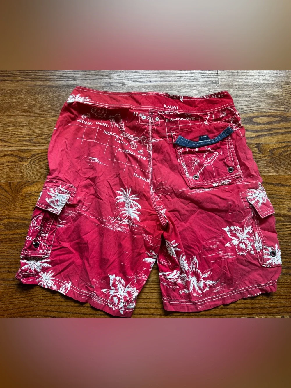 J.Crew Men’s Hawaiian Islands Cargo Board Shorts Red Swim Trunks Size 33